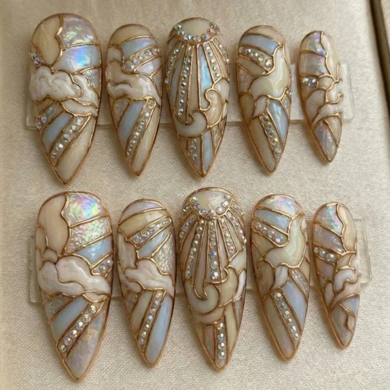 bridal press on nails, stained glass nails, press on nails, custom press on nails, fake nails, Nails Art, gold press on nails, 3d press on nails, luxury press on nails, handmade press on nails