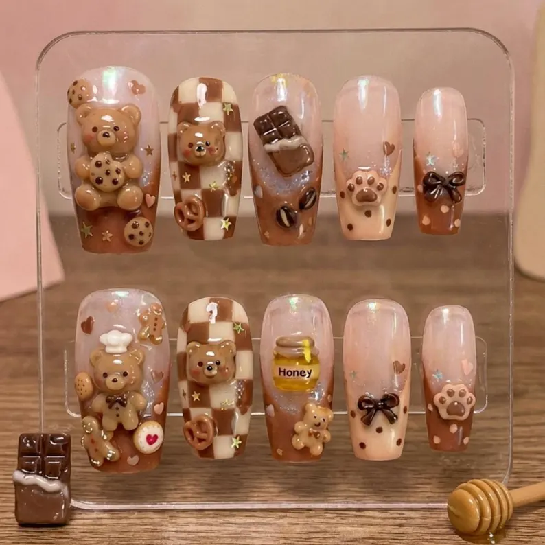 3D teddy bear, teddy bear nails, press on nails, custom press on nails, fake nails, Nails Art, stained glass nails, gold press on nails, 3d press on nails, luxury press on nails, handmade press on nails