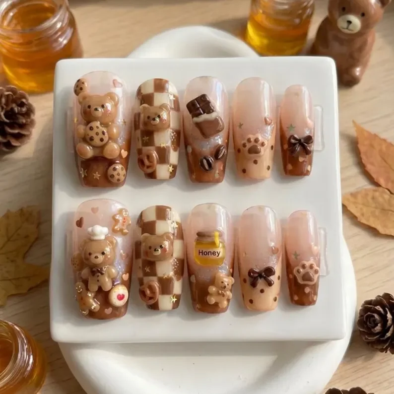 3D teddy bear, teddy bear nails, press on nails, custom press on nails, fake nails, Nails Art, stained glass nails, gold press on nails, 3d press on nails, luxury press on nails, handmade press on nails