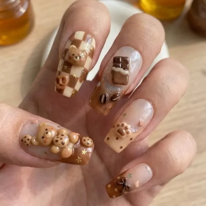 bakery nail art, brown coffee nails, press on nails, custom press on nails, fake nails, Nails Art, stained glass nails, gold press on nails, 3d press on nails, luxury press on nails, handmade press on nails
