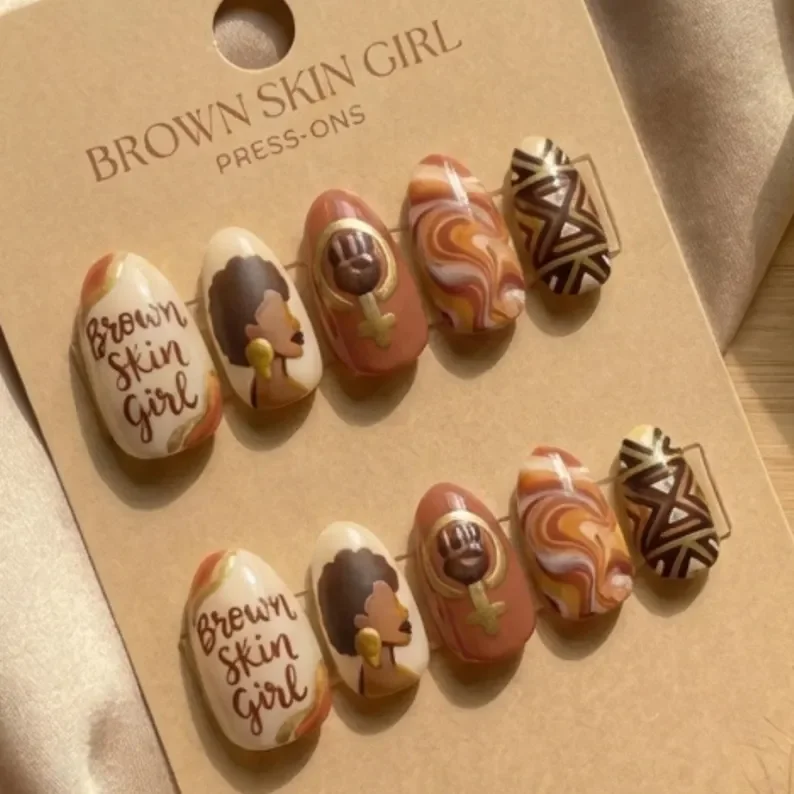 brown skin girl, press on nails, custom press on nails, fake nails, Nails Art, stained glass nails, gold press on nails, 3d press on nails, luxury press on nails, handmade press on nails