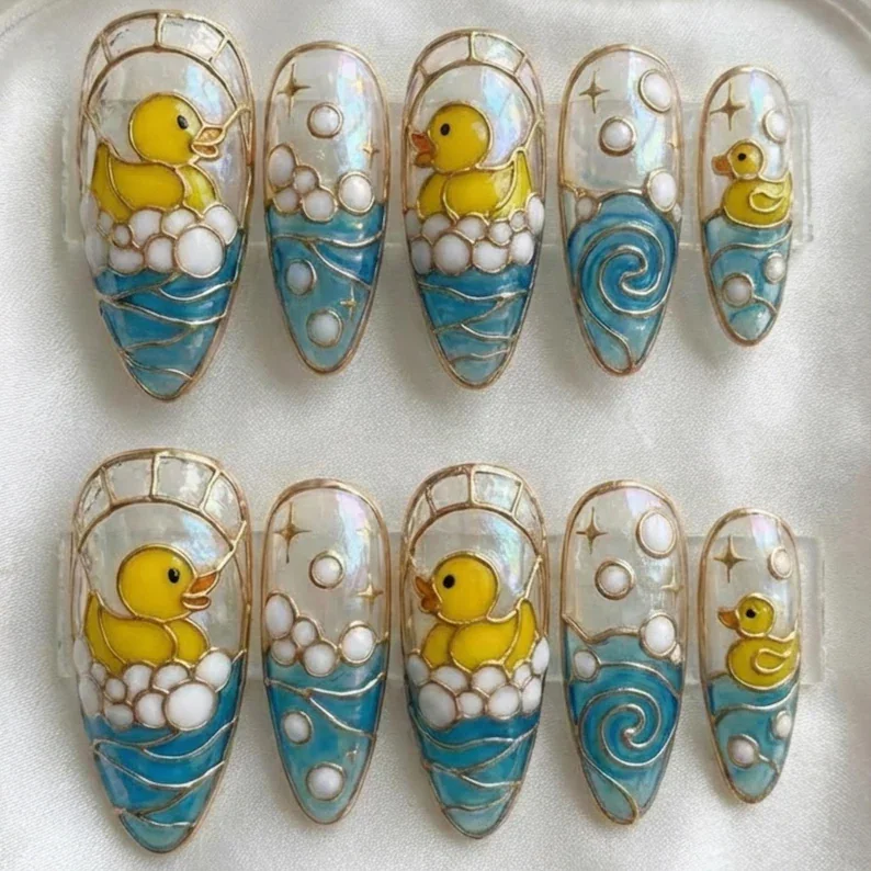 rubber duck nails, stained glass nails, press on nails, custom press on nails, fake nails, Nails Art, gold press on nails, 3d press on nails, luxury press on nails, handmade press on nails