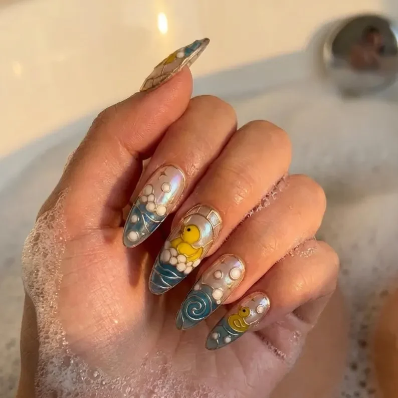 whimsical bath time, bath time nails, press on nails, custom press on nails, fake nails, Nails Art, stained glass nails, gold press on nails, 3d press on nails, luxury press on nails, handmade press on nails