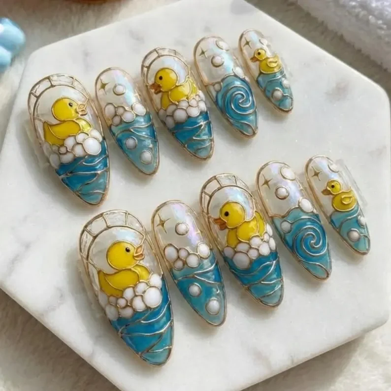 rubber duck decor, stained glass press on, press on nails, custom press on nails, fake nails, Nails Art, stained glass nails, gold press on nails, 3d press on nails, luxury press on nails, handmade press on nails