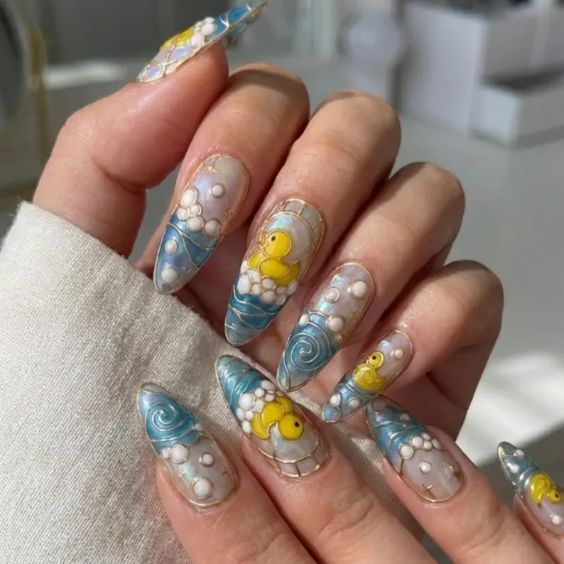 whimsical nails, rubber duck nails, press on nails, custom press on nails, fake nails, Nails Art, stained glass nails, gold press on nails, 3d press on nails, luxury press on nails, handmade press on nails