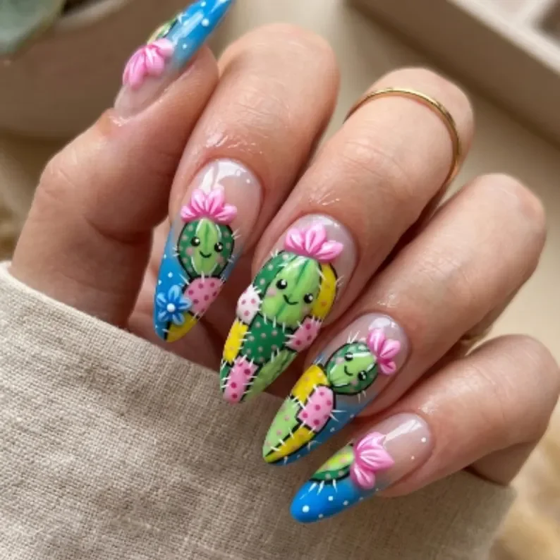 cactus press on nails, hand-painted 3D, press on nails, custom press on nails, fake nails, Nails Art, stained glass nails, gold press on nails, 3d press on nails, luxury press on nails, handmade press on nails