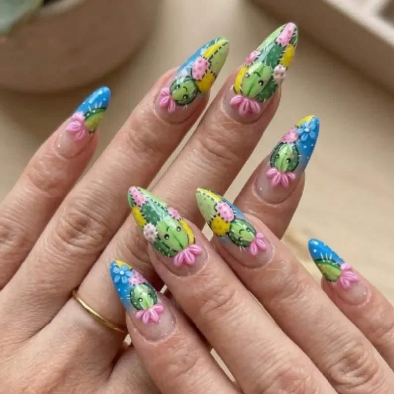 cute cactus nails, 3D cactus nails, press on nails, custom press on nails, fake nails, Nails Art, stained glass nails, gold press on nails, 3d press on nails, luxury press on nails, handmade press on nails