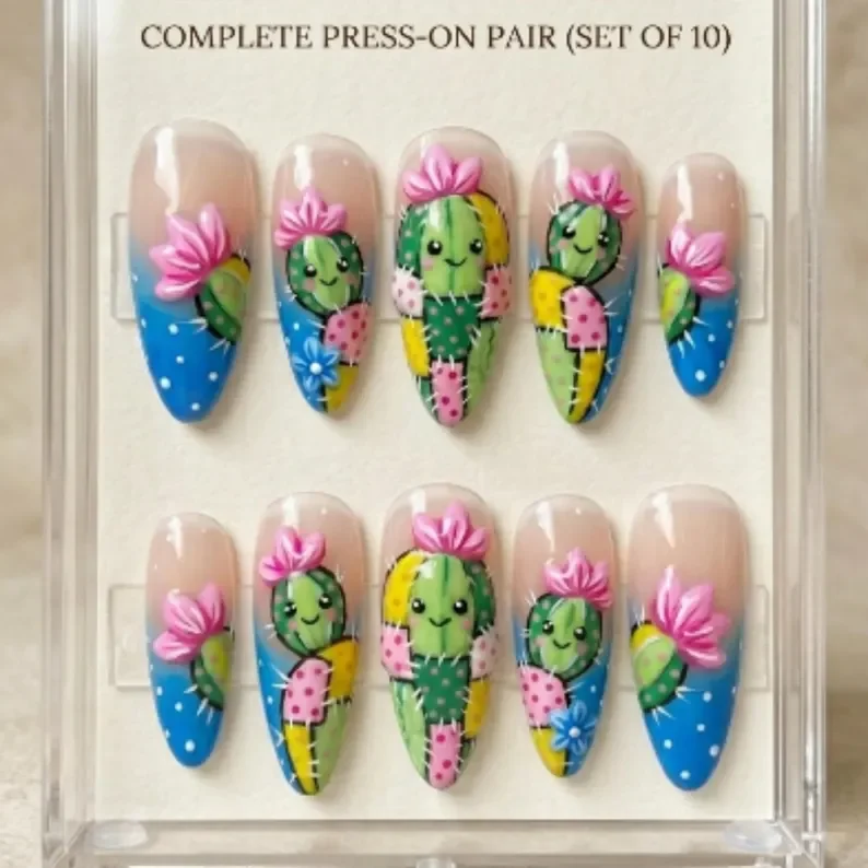 cactus press on nails, hand-painted 3D, press on nails, custom press on nails, fake nails, Nails Art, stained glass nails, gold press on nails, 3d press on nails, luxury press on nails, handmade press on nails