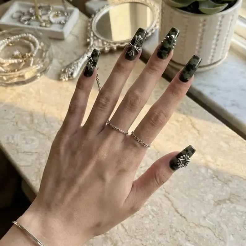 cyber y2k nails, camo nail art, press on nails, custom press on nails, fake nails, Nails Art, stained glass nails, gold press on nails, 3d press on nails, luxury press on nails, handmade press on nails