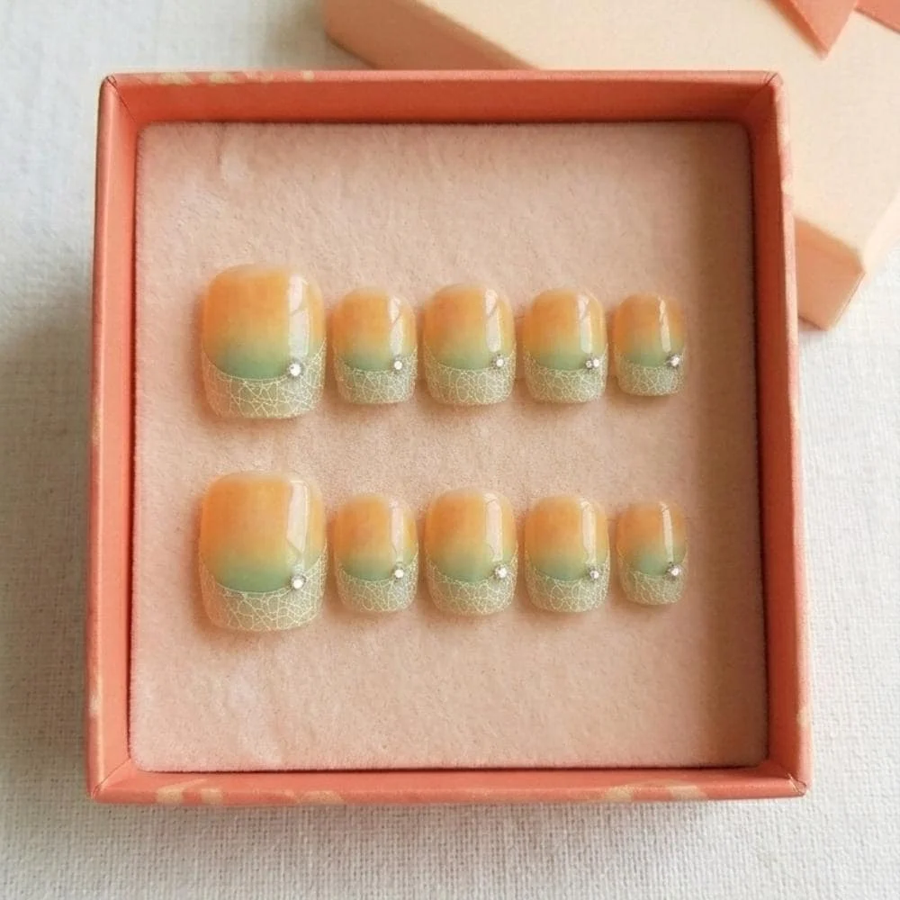 green orange, fruit pedicure, press on nails, custom press on nails, fake nails, Nails Art, stained glass nails, gold press on nails, 3d press on nails, luxury press on nails, handmade press on nails
