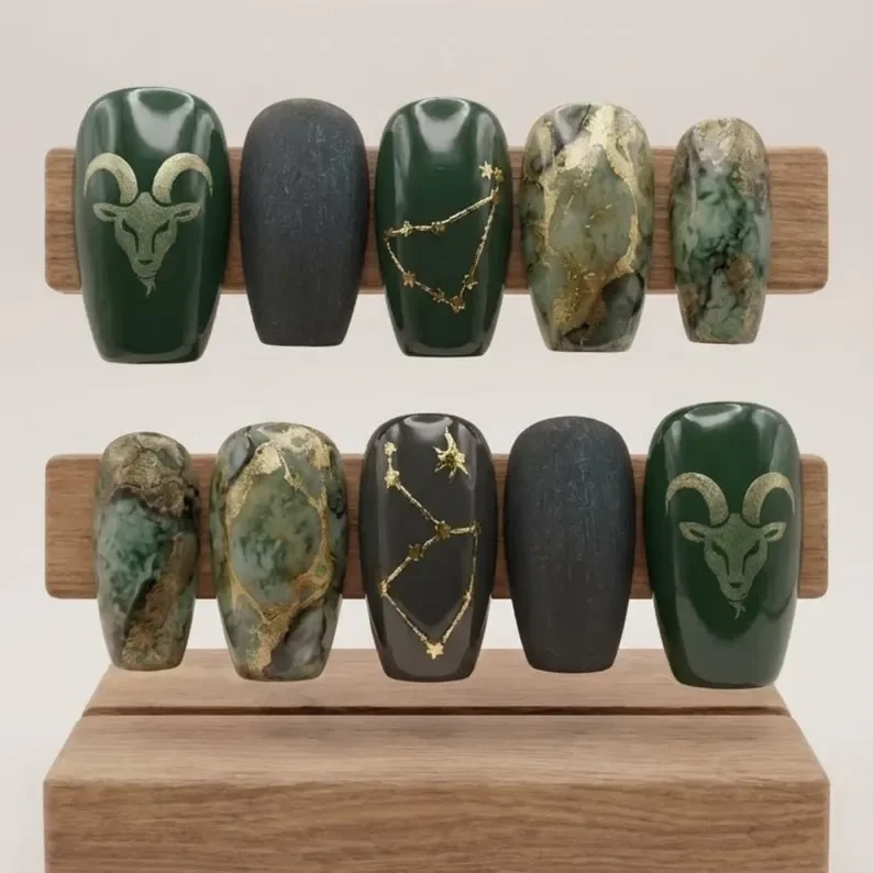 Capricorn press on nails, Emerald green nails, press on nails, custom press on nails, fake nails, Nails Art, stained glass nails, gold press on nails, 3d press on nails, luxury press on nails, handmade press on nails
