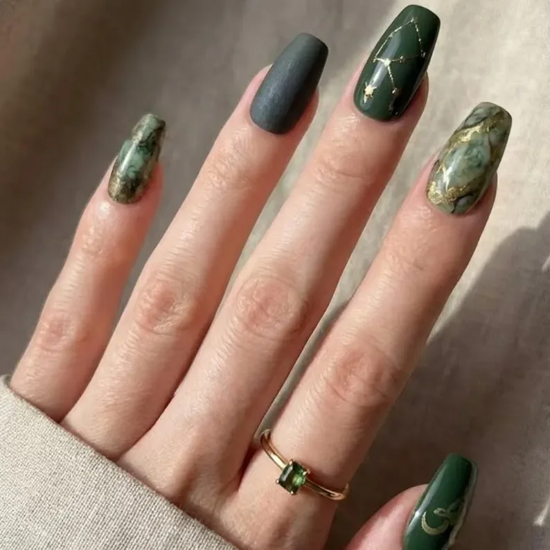 Gold accent nails, Capricorn themed nails, press on nails, custom press on nails, fake nails, Nails Art, stained glass nails, gold press on nails, 3d press on nails, luxury press on nails, handmade press on nails