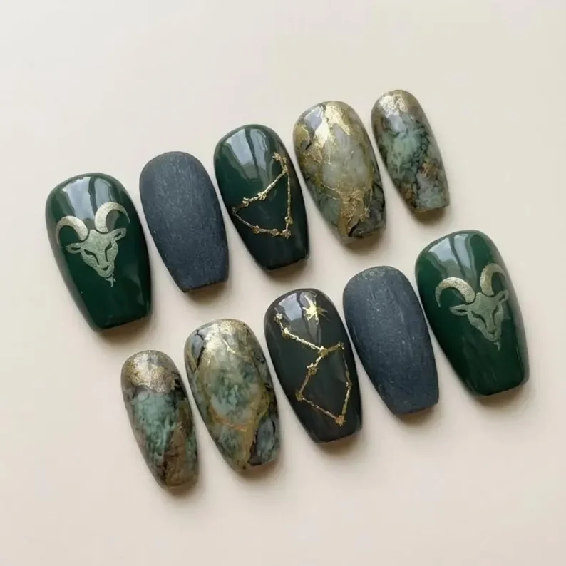 Capricorn press on nails, Emerald green nails, press on nails, custom press on nails, fake nails, Nails Art, stained glass nails, gold press on nails, 3d press on nails, luxury press on nails, handmade press on nails