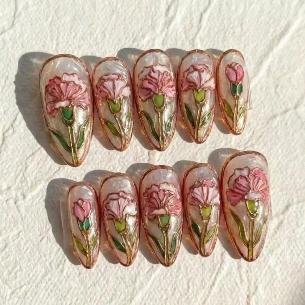 Carnation Press On Nails, January Birth Flower, press on nails, custom press on nails, fake nails, Nails Art, stained glass nails, gold press on nails, 3d press on nails, luxury press on nails, handmade press on nails