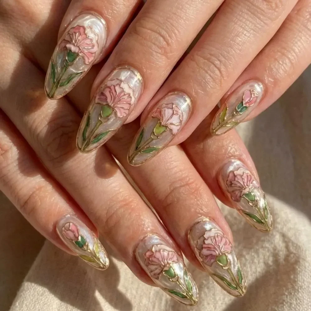 Birth Flower Nails, 3D Floral Nails, press on nails, custom press on nails, fake nails, Nails Art, stained glass nails, gold press on nails, 3d press on nails, luxury press on nails, handmade press on nails
