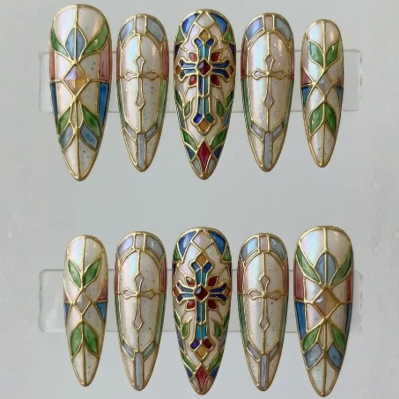 3d stained glass, press on nails, custom press on nails, fake nails, Nails Art, stained glass nails, gold press on nails, 3d press on nails, luxury press on nails, handmade press on nails