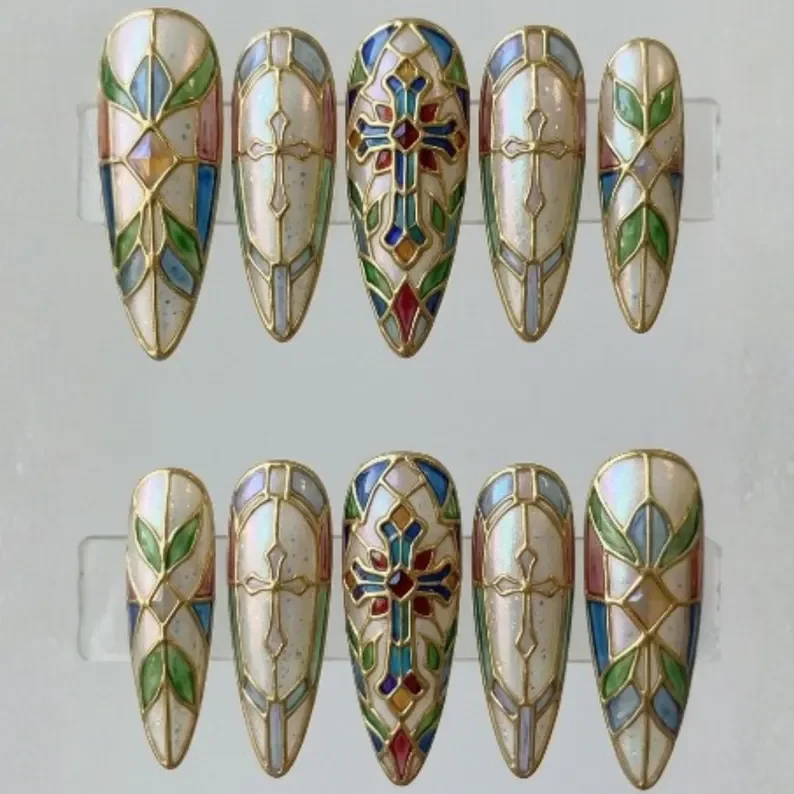cathedral glass, hand-painted nails, press on nails, custom press on nails, fake nails, Nails Art, stained glass nails, gold press on nails, 3d press on nails, luxury press on nails, handmade press on nails