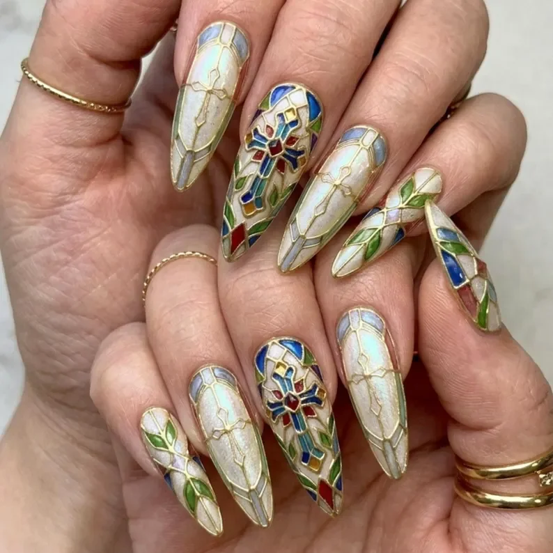 3d stained glass, press on nails, custom press on nails, fake nails, Nails Art, stained glass nails, gold press on nails, 3d press on nails, luxury press on nails, handmade press on nails