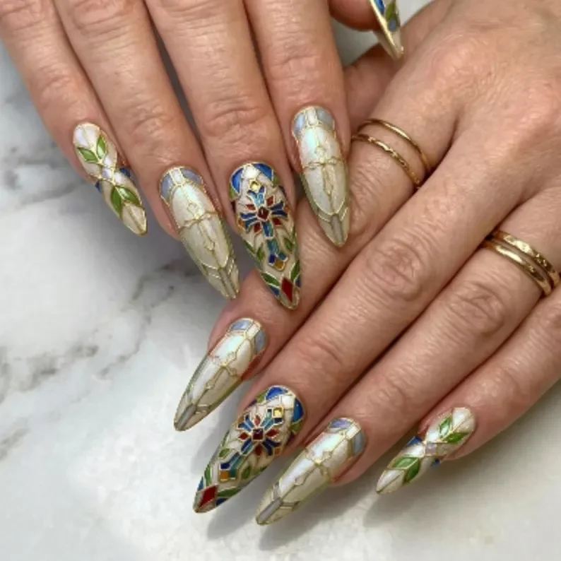 sacred cross, iridescent jewelry, press on nails, custom press on nails, fake nails, Nails Art, stained glass nails, gold press on nails, 3d press on nails, luxury press on nails, handmade press on nails