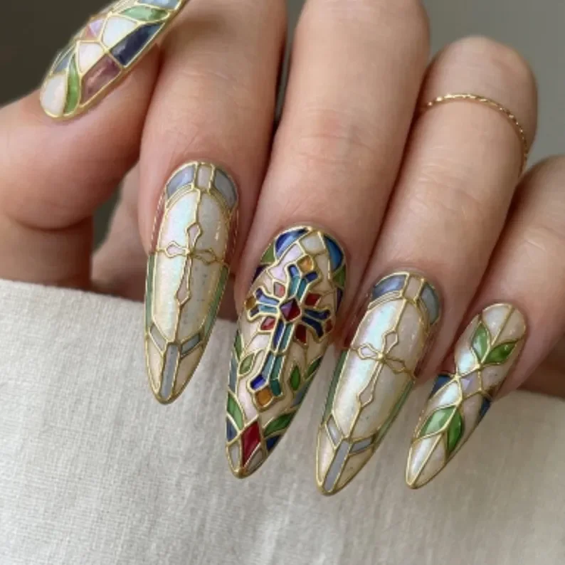 cross nail art, stained glass design, press on nails, custom press on nails, fake nails, Nails Art, stained glass nails, gold press on nails, 3d press on nails, luxury press on nails, handmade press on nails