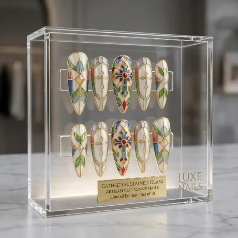cathedral glass, hand-painted nails, press on nails, custom press on nails, fake nails, Nails Art, stained glass nails, gold press on nails, 3d press on nails, luxury press on nails, handmade press on nails