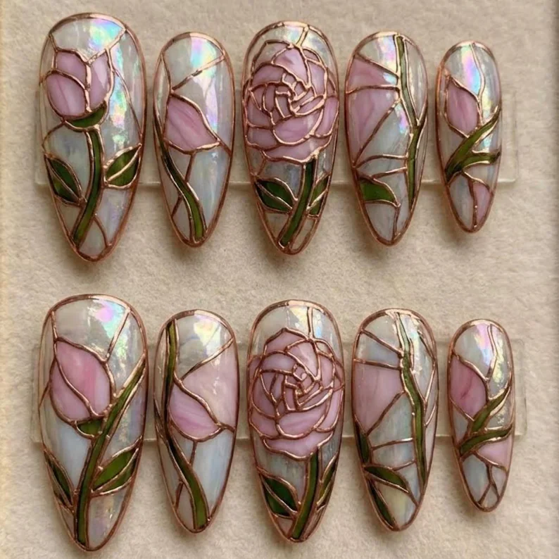 cathedral rose nails, stained glass nails, press on nails, custom press on nails, fake nails, Nails Art, gold press on nails, 3d press on nails, luxury press on nails, handmade press on nails