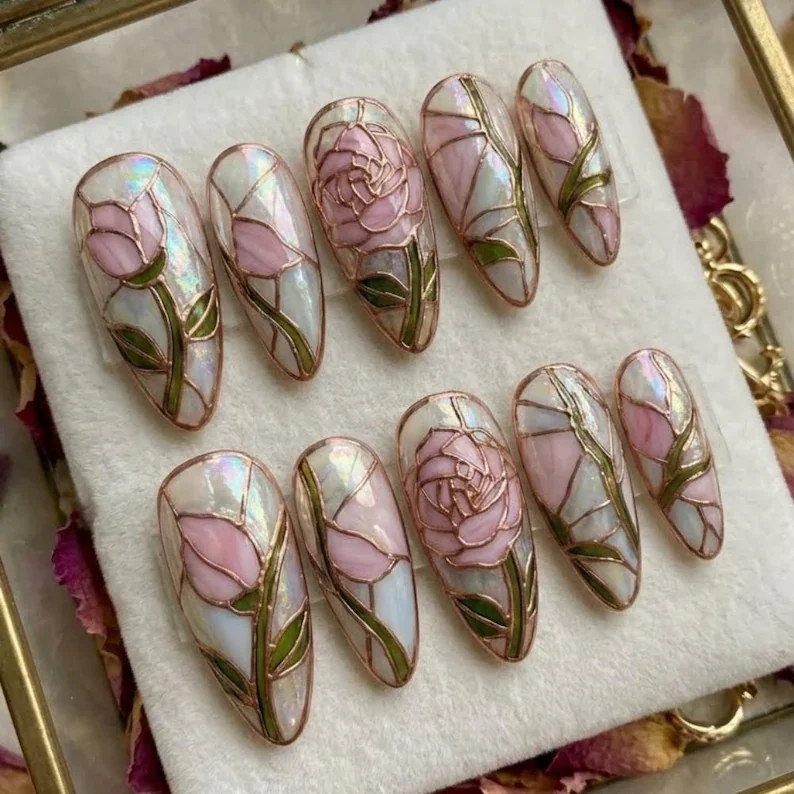 press on nails, 3D floral nail art, custom press on nails, fake nails, Nails Art, stained glass nails, gold press on nails, 3d press on nails, luxury press on nails, handmade press on nails