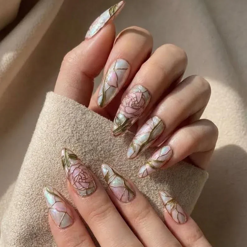 rose nail art, 3D hand painted, press on nails, custom press on nails, fake nails, Nails Art, stained glass nails, gold press on nails, 3d press on nails, luxury press on nails, handmade press on nails