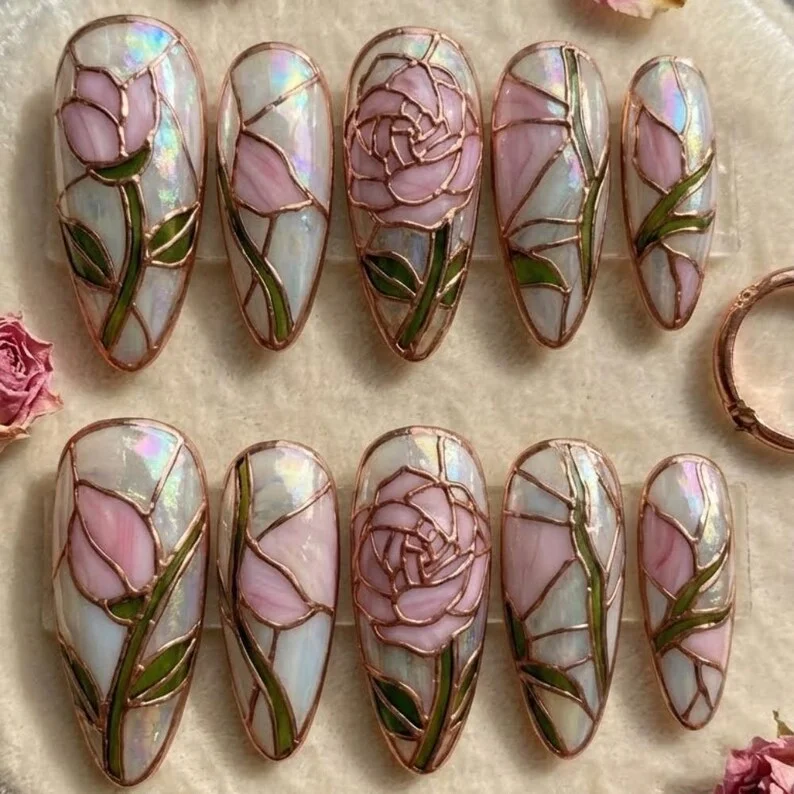stained glass manicure, cathedral rose nails, press on nails, custom press on nails, fake nails, Nails Art, stained glass nails, gold press on nails, 3d press on nails, luxury press on nails, handmade press on nails