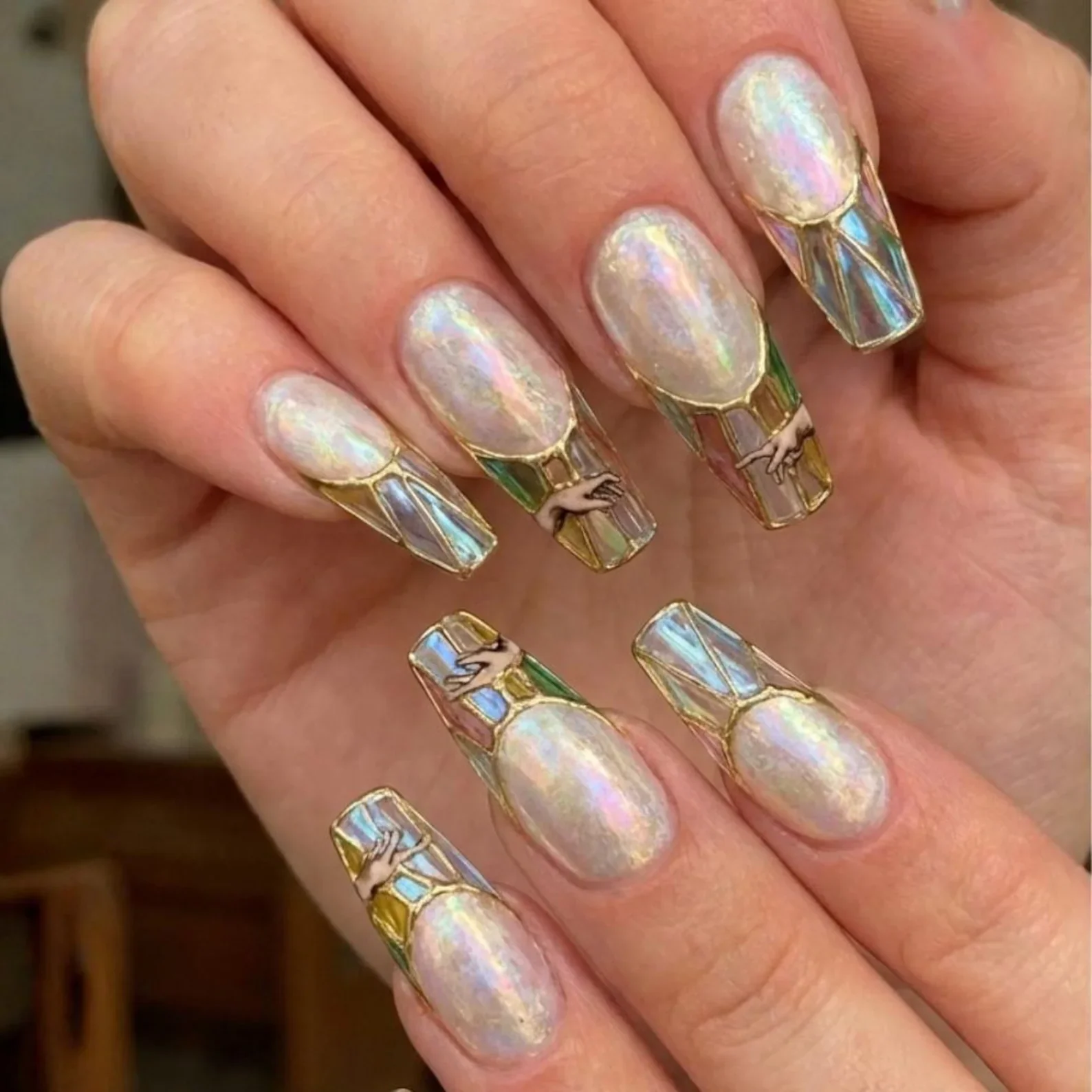 iridescent gold, gothic nail art, press on nails, custom press on nails, fake nails, Nails Art, stained glass nails, gold press on nails, 3d press on nails, luxury press on nails, handmade press on nails