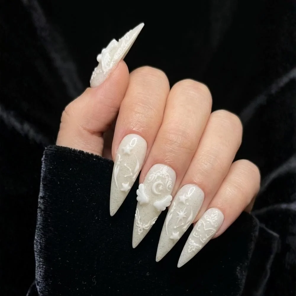 3D moon stars, lace nail art, press on nails, custom press on nails, fake nails, Nails Art, stained glass nails, gold press on nails, 3d press on nails, luxury press on nails, handmade press on nails