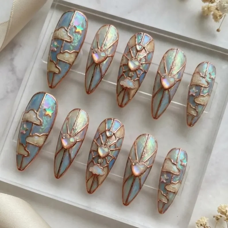 celestial art nouveau, stained glass nails, press on nails, custom press on nails, fake nails, Nails Art, gold press on nails, 3d press on nails, luxury press on nails, handmade press on nails