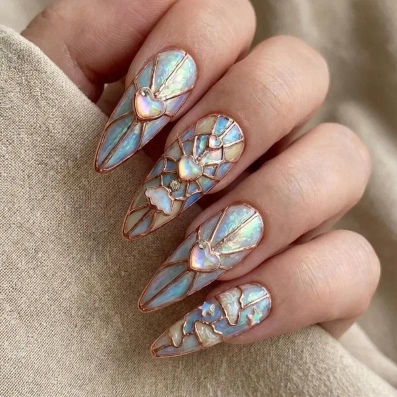press on nails, 3D opal heart, custom press on nails, fake nails, Nails Art, stained glass nails, gold press on nails, 3d press on nails, luxury press on nails, handmade press on nails