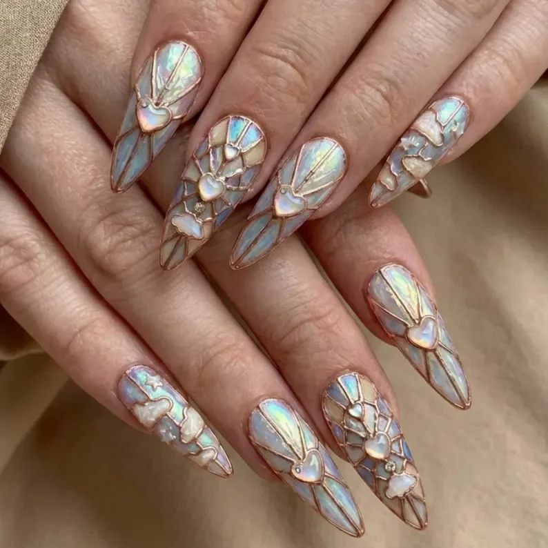 cloud nail art, opal heart nails, press on nails, custom press on nails, fake nails, Nails Art, stained glass nails, gold press on nails, 3d press on nails, luxury press on nails, handmade press on nails