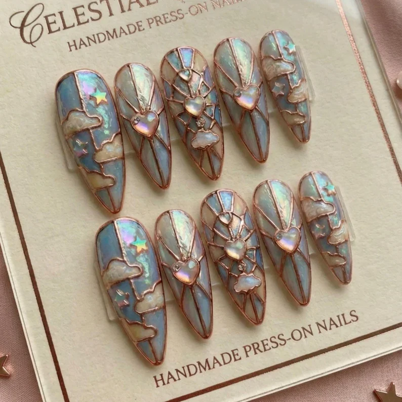 celestial art nouveau, stained glass nails, press on nails, custom press on nails, fake nails, Nails Art, gold press on nails, 3d press on nails, luxury press on nails, handmade press on nails