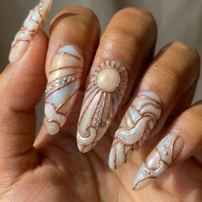 celestial art nouveau, stained glass nails, press on nails, custom press on nails, fake nails, Nails Art, gold press on nails, 3d press on nails, luxury press on nails, handmade press on nails