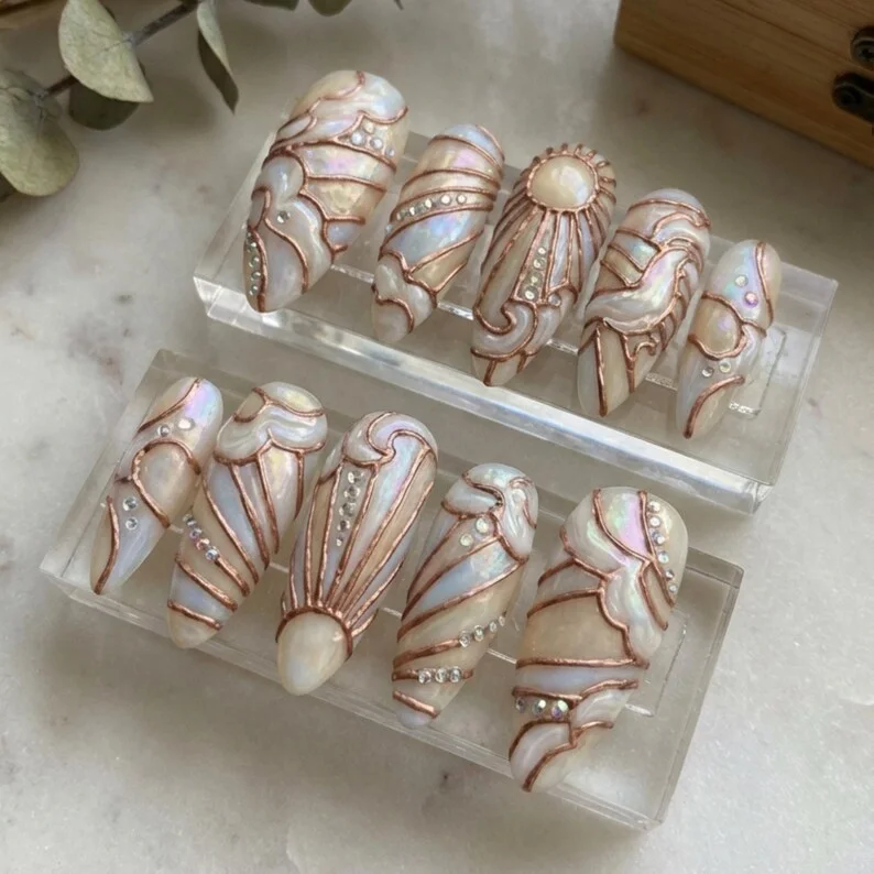 press on nails, 3D rose gold, custom press on nails, fake nails, Nails Art, stained glass nails, gold press on nails, 3d press on nails, luxury press on nails, handmade press on nails