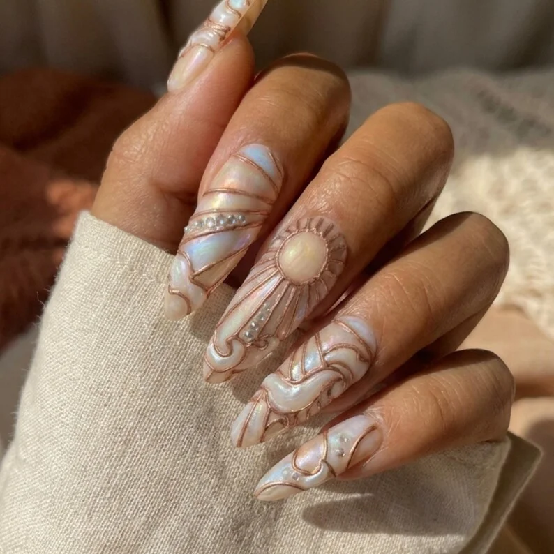 sunburst design, wave art, press on nails, custom press on nails, fake nails, Nails Art, stained glass nails, gold press on nails, 3d press on nails, luxury press on nails, handmade press on nails