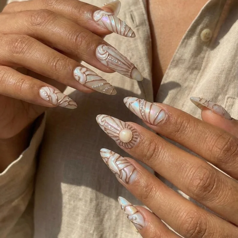 rose gold nails, art nouveau nails, press on nails, custom press on nails, fake nails, Nails Art, stained glass nails, gold press on nails, 3d press on nails, luxury press on nails, handmade press on nails