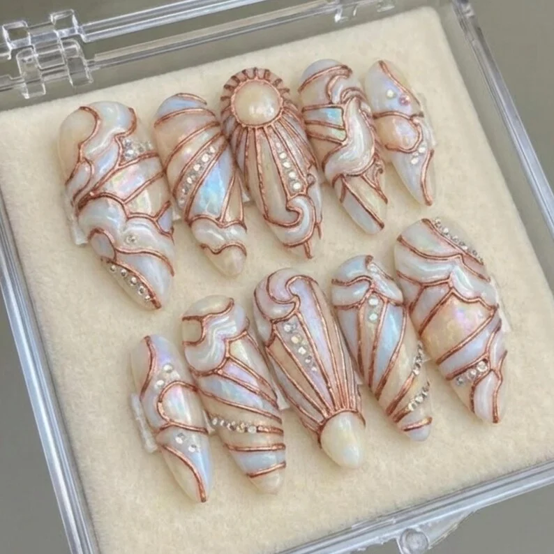 celestial art nouveau, stained glass nails, press on nails, custom press on nails, fake nails, Nails Art, gold press on nails, 3d press on nails, luxury press on nails, handmade press on nails