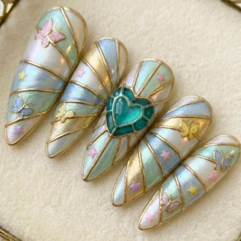 celestial butterfly garden, hand-painted 3D nails, press on nails, custom press on nails, fake nails, Nails Art, stained glass nails, gold press on nails, 3d press on nails, luxury press on nails, handmade press on nails