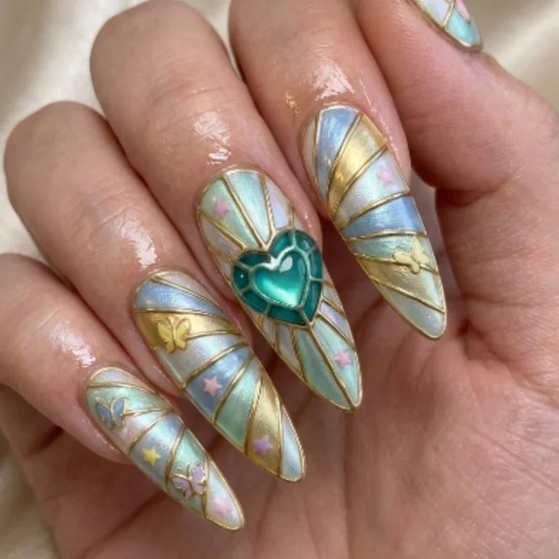stained glass press ons, iridescent heart gem, press on nails, custom press on nails, fake nails, Nails Art, stained glass nails, gold press on nails, 3d press on nails, luxury press on nails, handmade press on nails