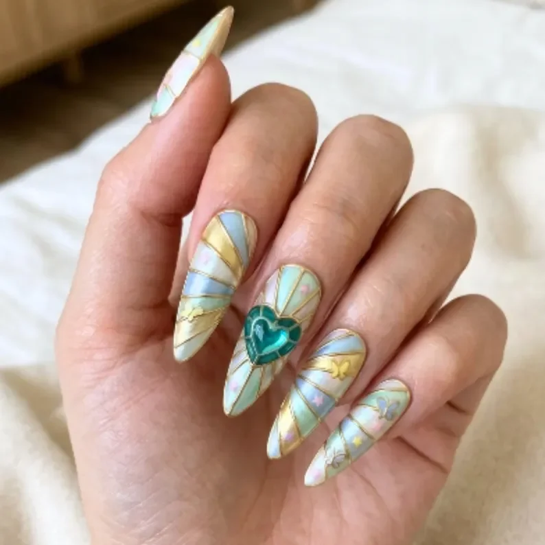 butterfly nail art, iridescent press on nails, press on nails, custom press on nails, fake nails, Nails Art, stained glass nails, gold press on nails, 3d press on nails, luxury press on nails, handmade press on nails