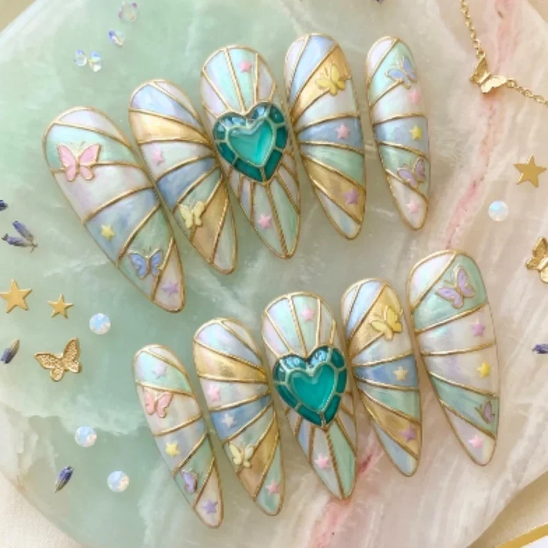 celestial butterfly garden, hand-painted 3D nails, press on nails, custom press on nails, fake nails, Nails Art, stained glass nails, gold press on nails, 3d press on nails, luxury press on nails, handmade press on nails
