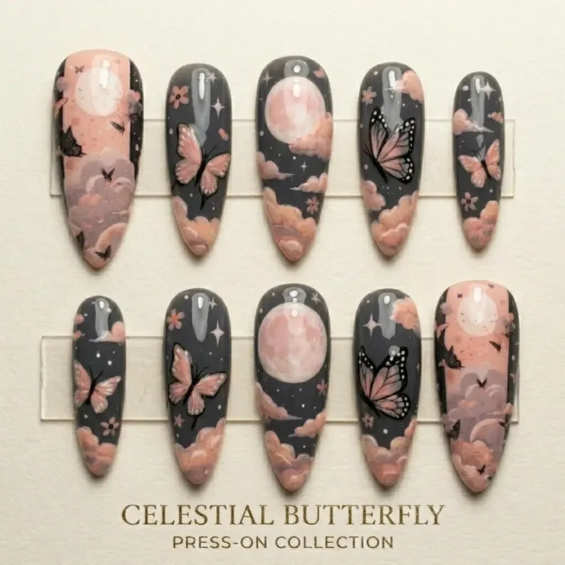 celestial butterfly, press on nails, custom press on nails, fake nails, Nails Art, stained glass nails, gold press on nails, 3d press on nails, luxury press on nails, handmade press on nails