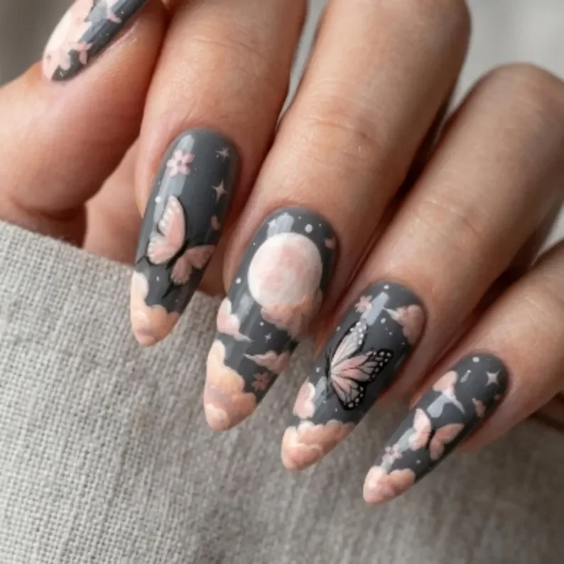 hand painted, moon and cloud, press on nails, custom press on nails, fake nails, Nails Art, stained glass nails, gold press on nails, 3d press on nails, luxury press on nails, handmade press on nails