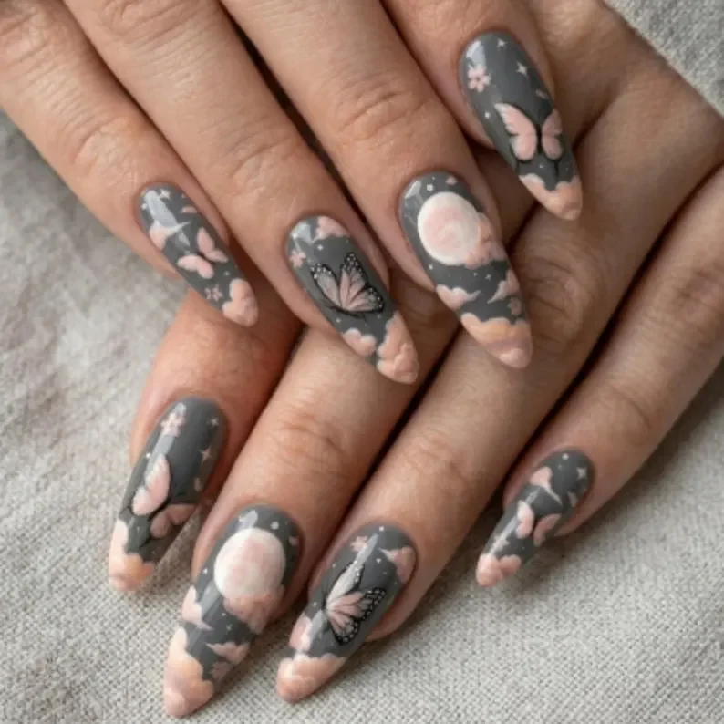 dreamy grey pink, artisan set, press on nails, custom press on nails, fake nails, Nails Art, stained glass nails, gold press on nails, 3d press on nails, luxury press on nails, handmade press on nails