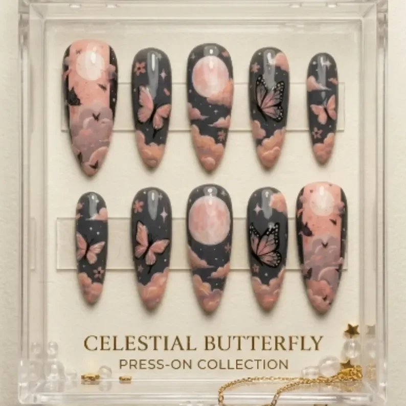 nail art set, celestial butterfly, press on nails, custom press on nails, fake nails, Nails Art, stained glass nails, gold press on nails, 3d press on nails, luxury press on nails, handmade press on nails