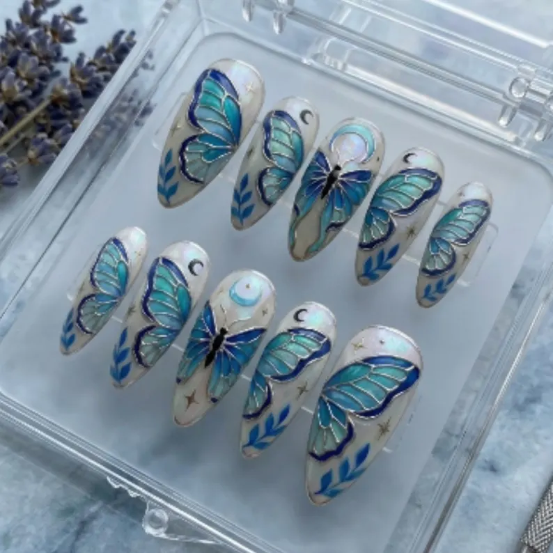 hand-painted teal nails, silver moon nail art, press on nails, custom press on nails, fake nails, Nails Art, stained glass nails, gold press on nails, 3d press on nails, luxury press on nails, handmade press on nails