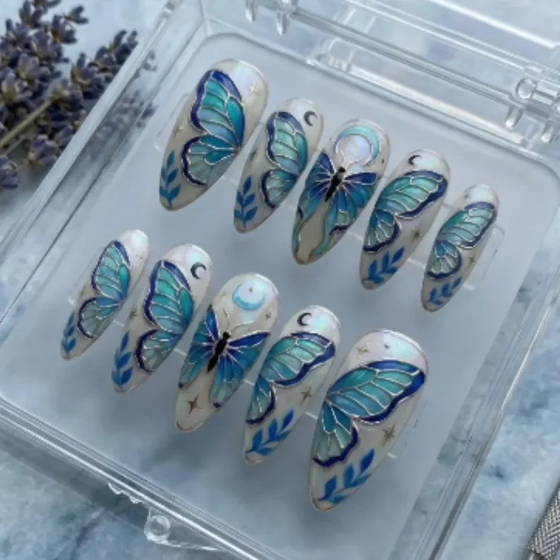 celestial butterfly nails, stained glass press on, press on nails, custom press on nails, fake nails, Nails Art, stained glass nails, gold press on nails, 3d press on nails, luxury press on nails, handmade press on nails